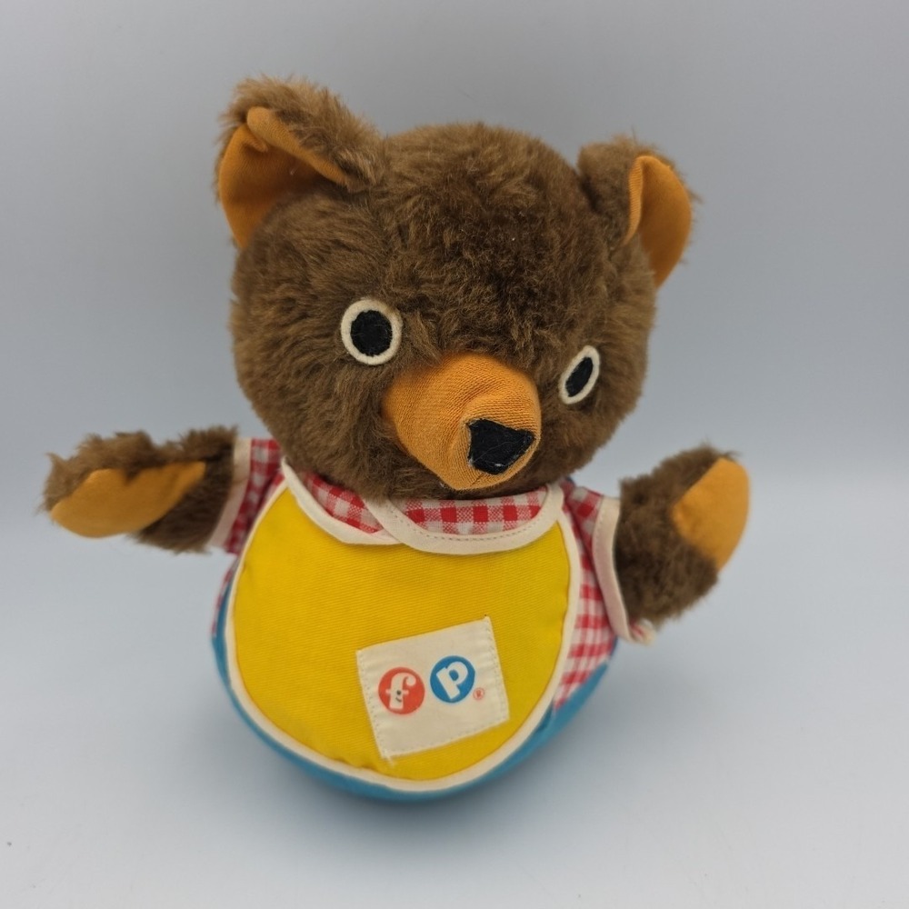 Vintage 1970's‎ Fisher Price Stuffed Roly Poly Teddy Bear Baby Toy w/ Chime #719